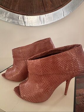Terracotta Snake-Embossed Peep-Toe Stiletto Booties